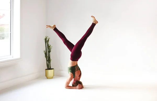 Full Body Focused Slim Female Female Performing Handstand Wall While — Stock Photo, Image