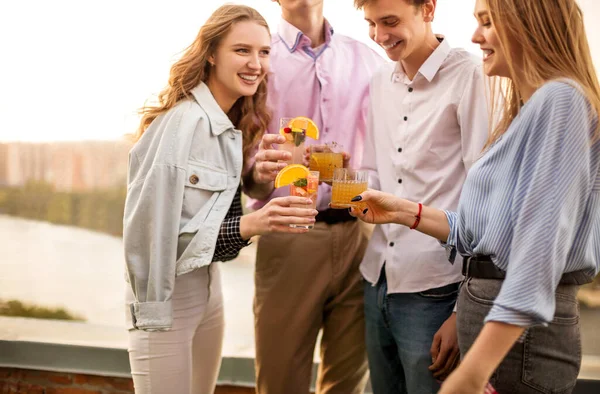 Happy Men Women Clinking Glasses Fruit Cocktails Proposing Toast Party — 스톡 사진