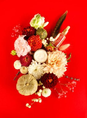 Doğal kozmetik ürünleri seti, yüz kremi ve kırmızı zemin üzerinde gerekli yağ bulunan renkli çiçekler, düz bir görüntü. Cilt bakımı, güzellik ve doğal kozmetik kavramı