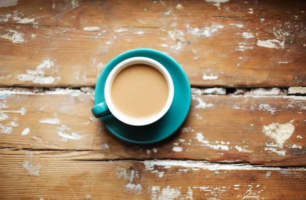 Top View Studio Photo Hot Coffee Milk Blue Porcelain Cup — Stock Photo, Image