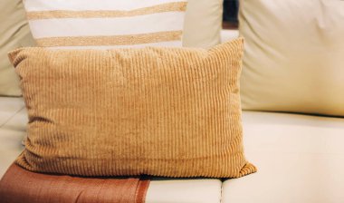 Modern apartmandaki koltukta değişik doğal süs ve renklerde çeşitli yastıklar.