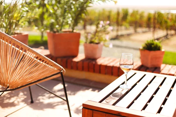 Bicchiere Vino Bianco Tavolo Rustico Legno Vasi Fiori Sulla Terrazza — Foto Stock