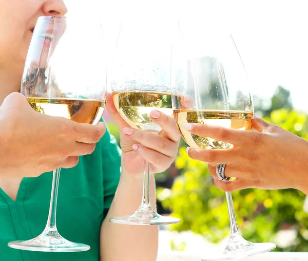 Group Anonymous People Clinking Wineglasses Proposing Toast Party Outdoors — Stock Photo, Image