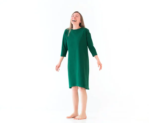 Young Happy Overjoyed Brunette Woman Green Casual Dress Standing Barefoot — ストック写真