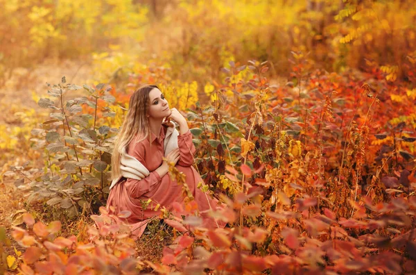 Beautiful Young Blonde Woman Wearing Boho Style Long Dress While — Stock Photo, Image