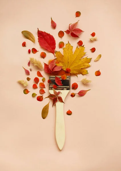 Top View Paintbrush Surrounded Red Yellow Dry Autumn Leaves Peach — Stock Photo, Image