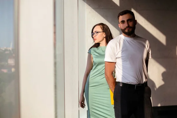 Two Young Focused Coworkers Woman Man Standing Office Business Partners — Stock Photo, Image