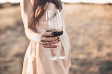 Yazın kırsal kesimde, açık hava partisinde kırmızı şarapla kadeh kaldıran anonim kadın.