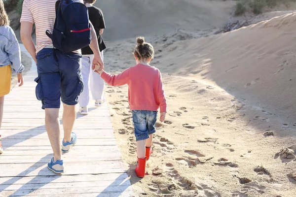 Foto Van Achteren Van Gelukkige Familie Wandelen Houten Pad Zonnig — Stockfoto