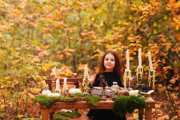 Niña Adorable Traje Bruja Negra Jugando Bosque Otoño Niño Divirtiéndose — Foto de Stock