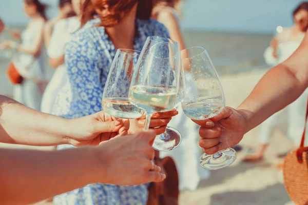 Happy Female Friends Summer Dresses Smiling Clinking Glasses Wine While — Stock Photo, Image
