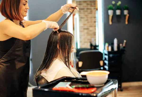 Profesyonel Kadın Kuaför Güzellik Salonunda Çalışırken Kadın Saçına Boya Sürüyor — Stok fotoğraf