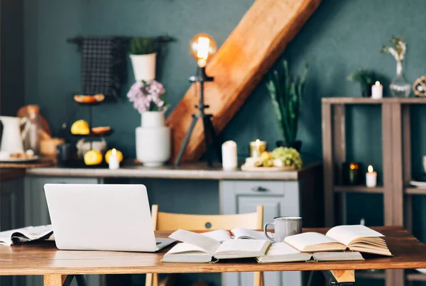 Open Textbook Pen Laptop Stack Uncovered Books Lying Each Other — Stock Photo, Image