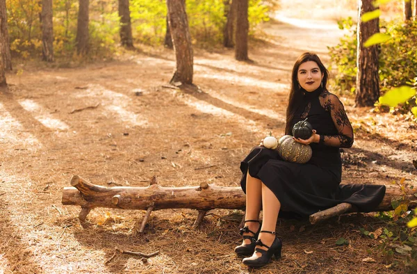 Genç Esmer Kadın Yüzünde Küçük Balkabakları Tutuyor Sonbahar Ormanı Arka — Stok fotoğraf