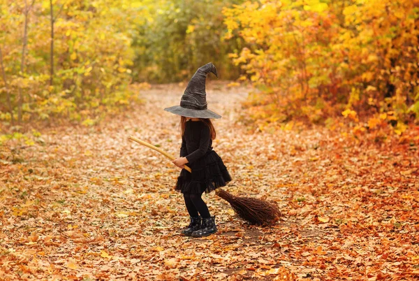 Cute Happy Little Redhaired Girl Dressed Witch Costume Sitting Broom — Stock Photo, Image