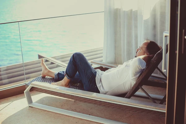 Relaxed Young Man Home Balcony Holiday Travel Concept — Stock Photo, Image