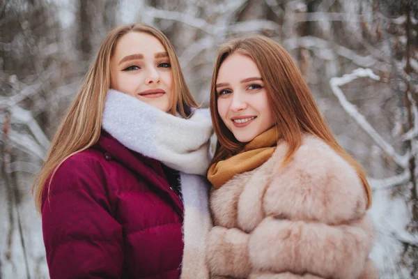 Två Glada Kvinnliga Vänner Njuter Snöande Väder Utomhus Kvinnor Bästa — Stockfoto