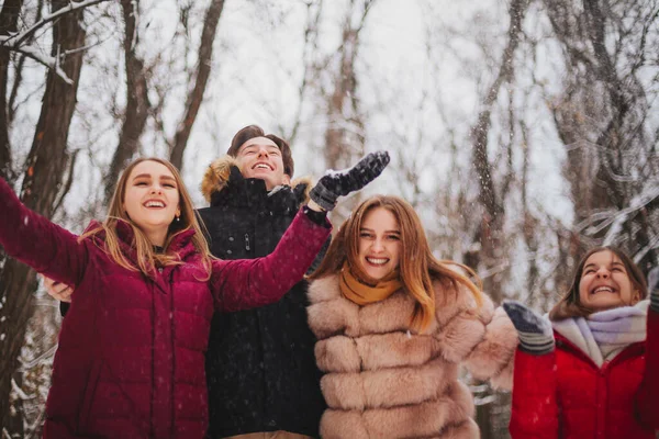 Grupo Quatro Alegres Melhores Amigos Desfrutando Tempo Frio Primeira Neve — Fotografia de Stock