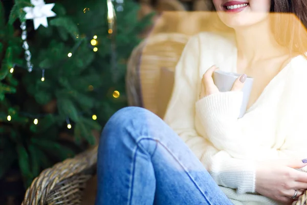 Crop Stylish Lady Sniffing Aromatic Hot Drink While Resting Brightly — Stock Photo, Image