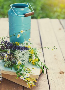 Flowers near watering can with old books on a rustic wooden tabl clipart