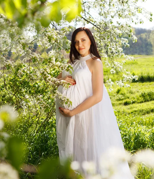 Mujer embarazada en vestido blanco en el floreciente parque de primavera —  Fotos de Stock