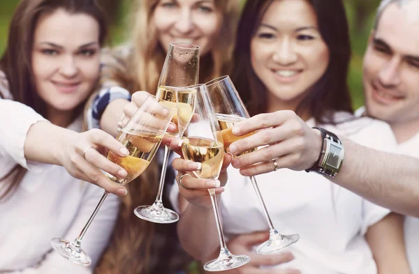 Firande. Folk som håller glas champagne och utbringar en skål — Stockfoto