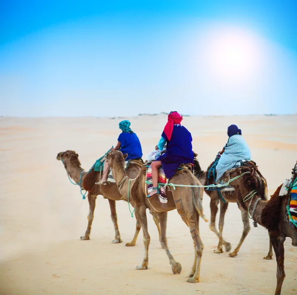 Group of tourists going for a desert camel safari. Sahara landsc — Stock Photo, Image