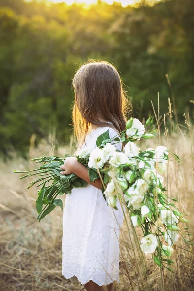 Petite fille dans une prairie avec des fleurs d'été sauvages blanches — Photo