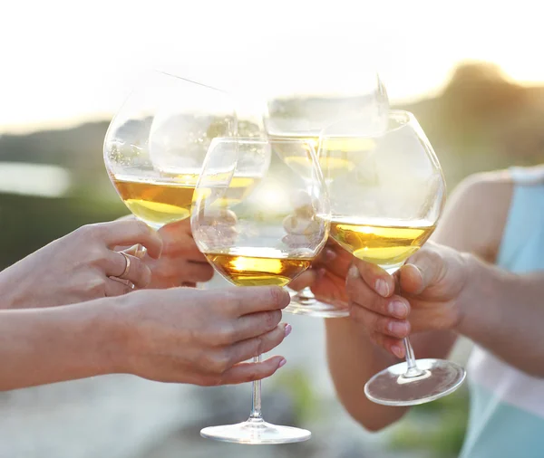 Gente sosteniendo copas de vino tinto haciendo un brindis —  Fotos de Stock