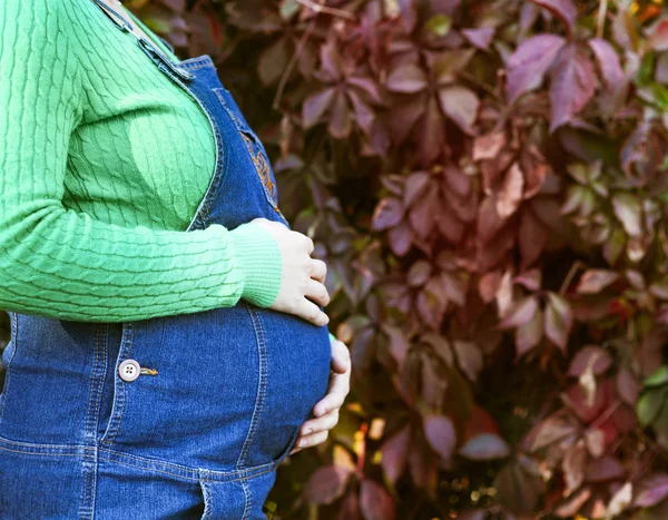 Glad gravid kvinna i skogen höst — Stockfoto