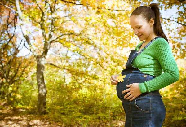 Mulher grávida de mãos dadas com folha de bordo perto de sua grávida b — Fotografia de Stock