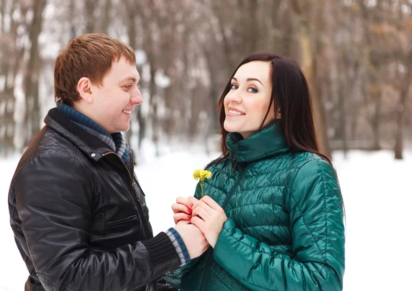 Couple heureux s'amuser dans le parc d'hiver — Photo