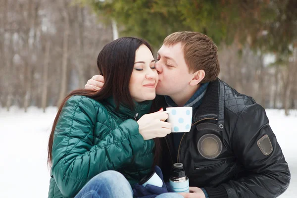 Casal feliz se divertindo no parque de inverno — Fotografia de Stock