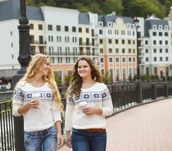 Due donne felici occasionali che hanno una conversazione mentre camminano in th — Foto Stock