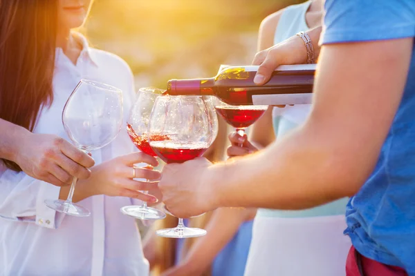 Gruppo di amici felici che bevono vino rosso sulla spiaggia — Foto Stock