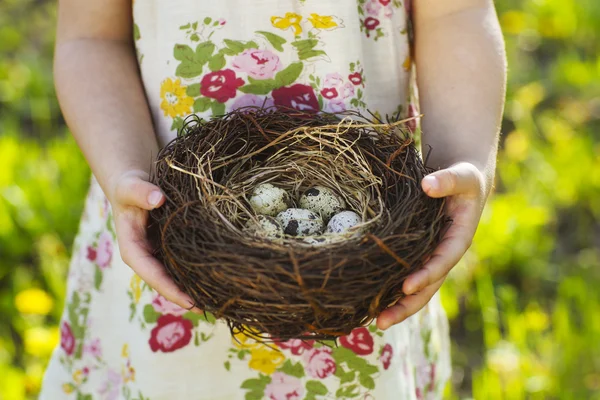 Petite fille tenant un œuf de Pâques dans le nid — Photo