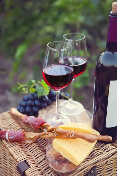 Zwei Gläser Rotwein mit Brot, Fleisch, Trauben und Käse — Stockfoto