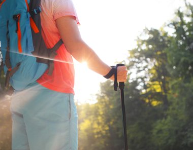 Backpac ve sopa dağlarda yürüyüş dostum