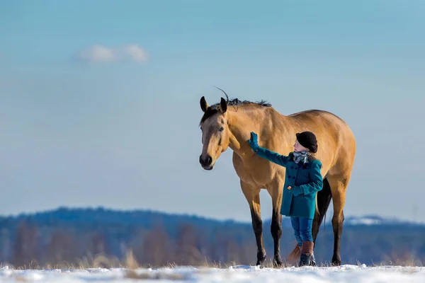 Beautiful Girl Standing Her Trakehner Yellow Horse Field Child Big — Stock Photo, Image