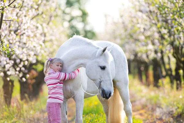 Kind met witte paard in appelboomgaard — Stockfoto