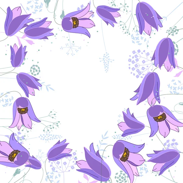 Floral abstract square template with stylized herbs and blue flowers.  Silhouette of plants. — 图库矢量图片