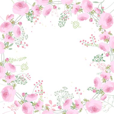 Beyaz kontur gül ve otlar ile Kare çerçeve. Düğün tasarımı, çiçek tebrik kartları, posterler için çiçek desen.