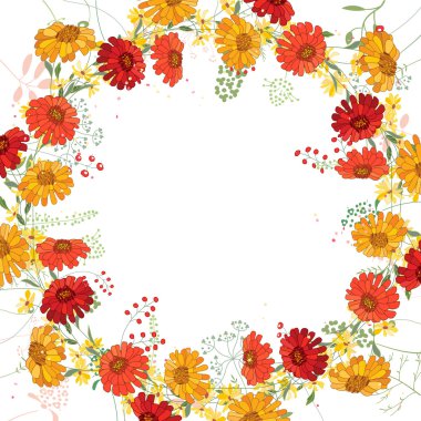 Beyaz kontur asters, herberas ve otlar ile Kare çerçeve. Yaz tasarımı, çiçek tebrik kartları, posterler için çiçek desen.