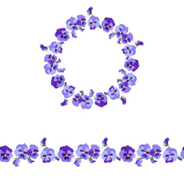 Floral round garland and endless pattern brush made of violas. Flowers for romantic and easter design, decoration,  greeting cards, posters, advertisement. clipart