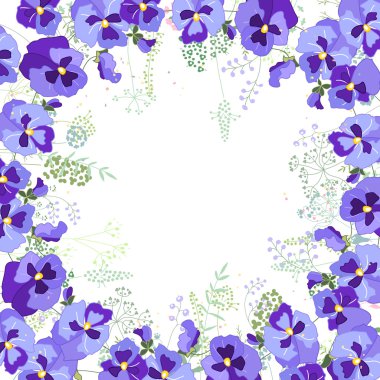 Kontur viyola ve beyaz otlar ile Kare çerçeve. Yaz tasarımı, çiçek tebrik kartları, posterler için çiçek ile Desen.