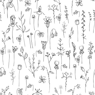 Stilize otlar ve bitkiler ile Seamless modeli. Siyah ve beyaz siluet. Sonsuz doku tasarım, romantik tebrik kartları, Duyurular, kumaşlar için.