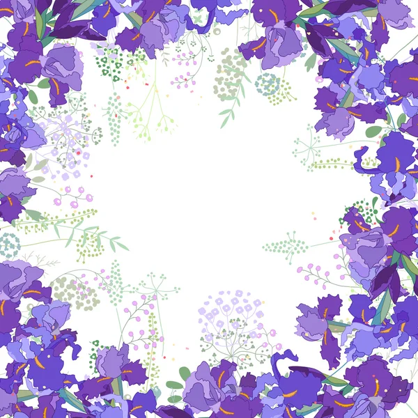 Quadratischer Rahmen mit konturierten violetten Schwertlilien und Kräutern auf weiß. Blumenmuster für Ihr Hochzeitsdesign, florale Grußkarten, Poster. — Stockvektor