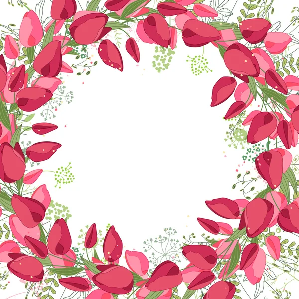 Quadratischer Rahmen mit Konturtulpen, Rosen und Kräutern auf weiß. Blumenmuster für Ihr Hochzeitsdesign, florale Grußkarten, Poster. — Stockvektor