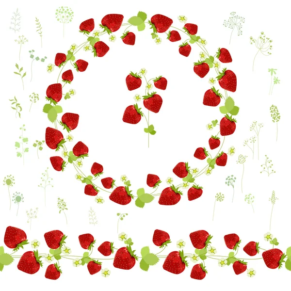 Floral ronde Garland en eindeloze patroon borstel gemaakt van rijpe aardbeien. Bessen voor romantisch en design, decoratie, wenskaarten, posters, uitnodigingen, reclame. — Stockvector