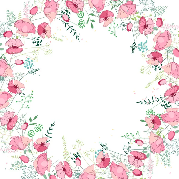 Floral abstract square template with stylized herbs and pink poppies.  Silhouette of plants. — Stock Vector